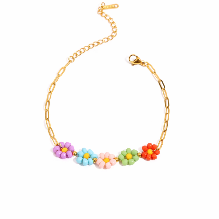 Colorful 5 beaded daisies bracelet on gold stainless steel chain with purple, blue, pink, green, and coral flower charms.