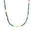 Malachite and freshwater pearl necklace with green beads and gold accents on white background