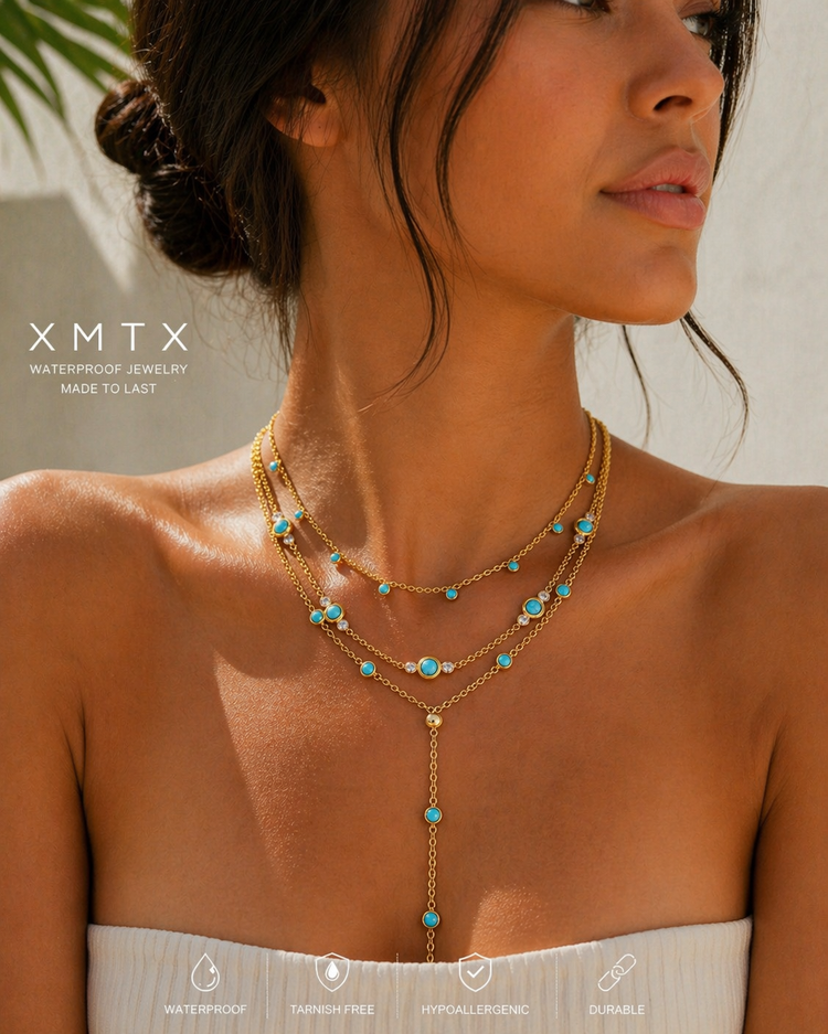 Layered gold necklaces with turquoise stones including Mila stone necklace waterproof jewelry stack