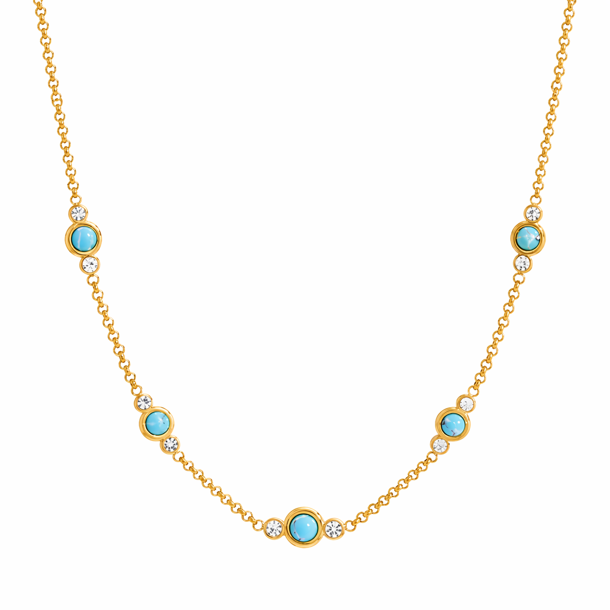 Mila stone necklace gold with turquoise and crystal accents waterproof stainless steel jewelry white background