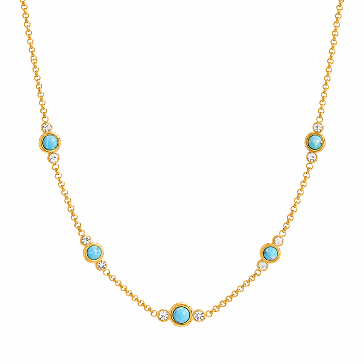 Mila stone necklace gold with turquoise and crystal accents waterproof stainless steel jewelry white background