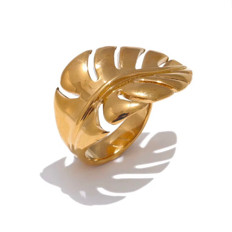 Gold stainless steel monstera open ring, non tarnish adjustable ring size 7 to 8

