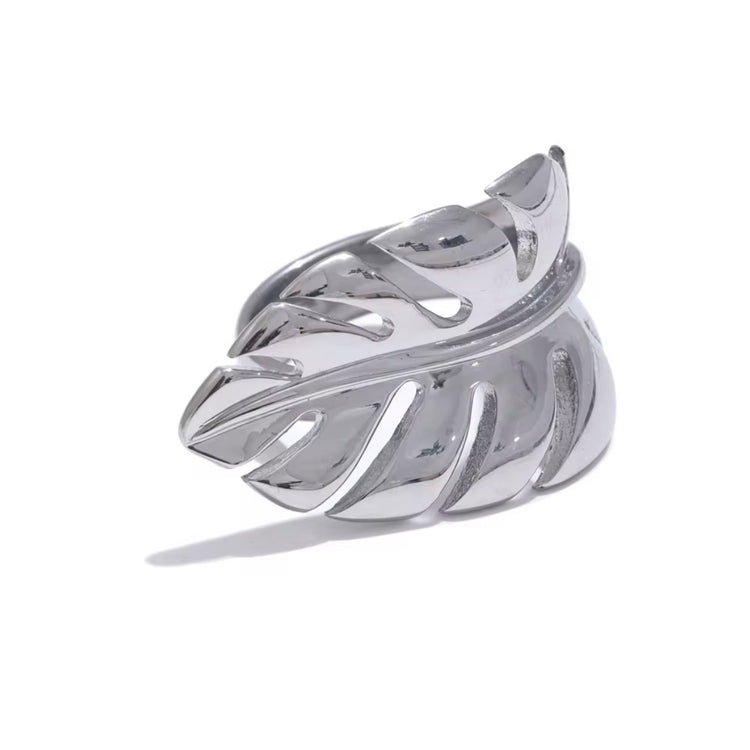 Silver stainless steel monstera open ring, non tarnish adjustable ring size 7 to 8