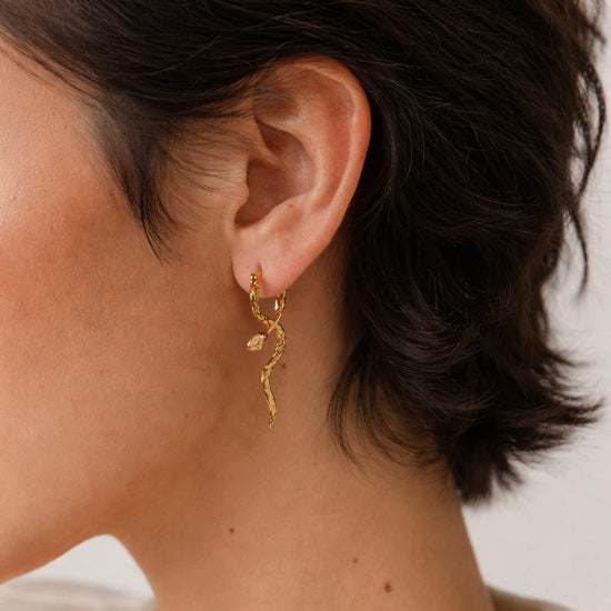 Snake Drop Earrings on a model  XMTX Collections